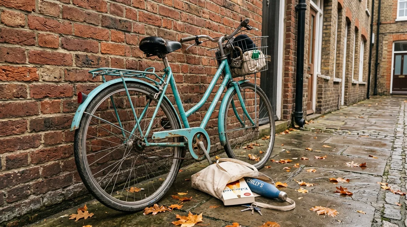 Vélo bleu turquoise appuyé sur mur brique rouge, feuilles automne