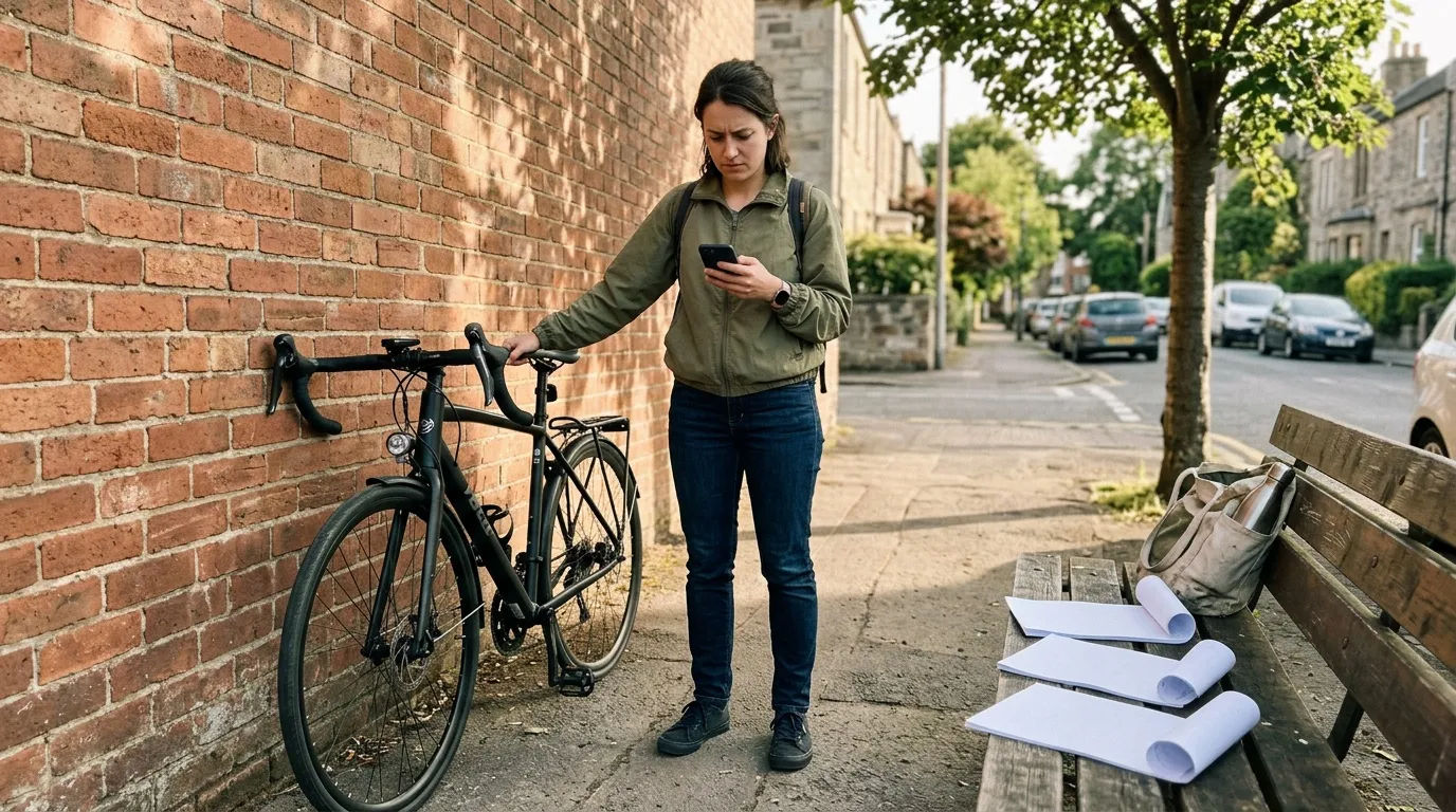 Femme consulte son smartphone à côté d'un vélo noir