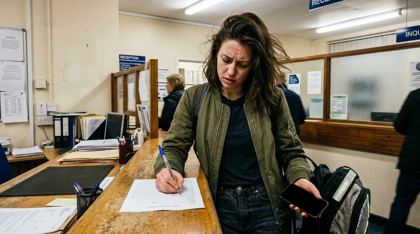 Femme écrivant sur document à comptoir de réception