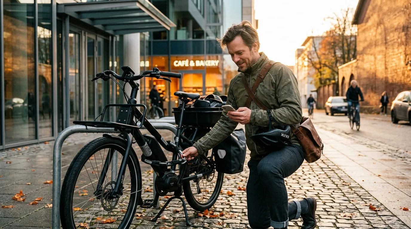 Homme avec téléphone près d'un vélo électrique en ville