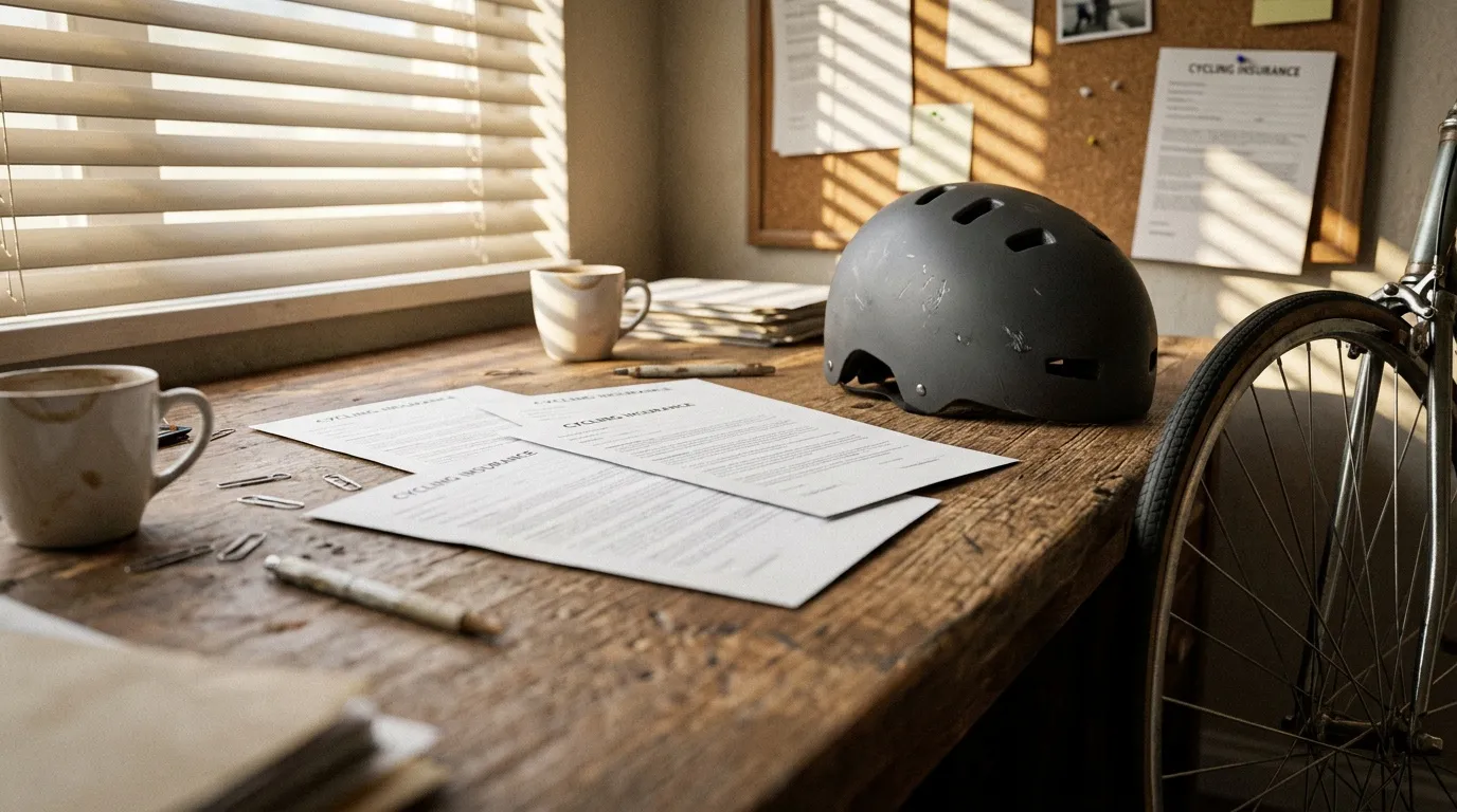 Casque de vélo, documents et café sur bureau ensoleillé