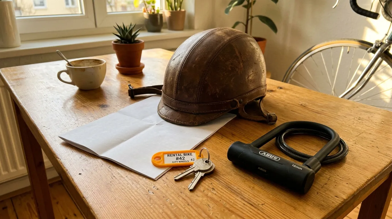 Casque, antivol et clés de location vélo sur table