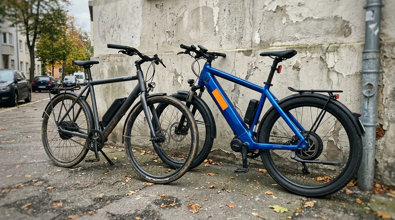 Trois vélos électriques stationnés contre un mur de pierre usé