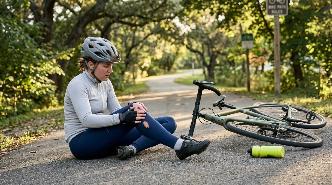 Femme à vélo assise au sol, examinant sa jambe blessée