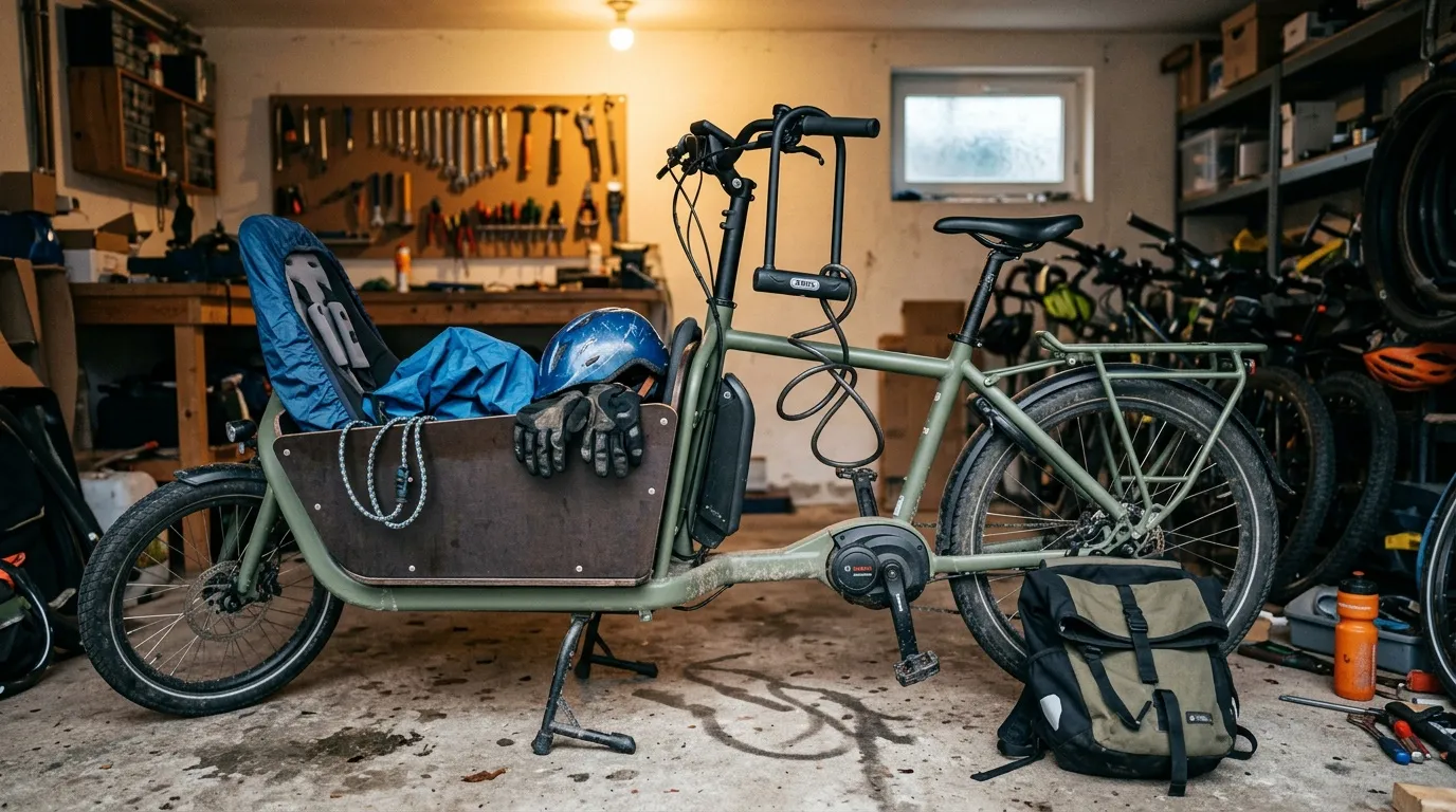 Cargo bike électrique dans un garage d'atelier de réparation