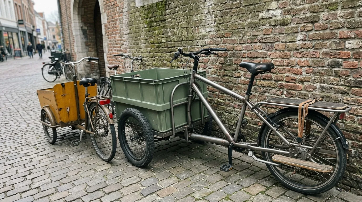 Trois vélos cargo stationnés contre un mur de briques