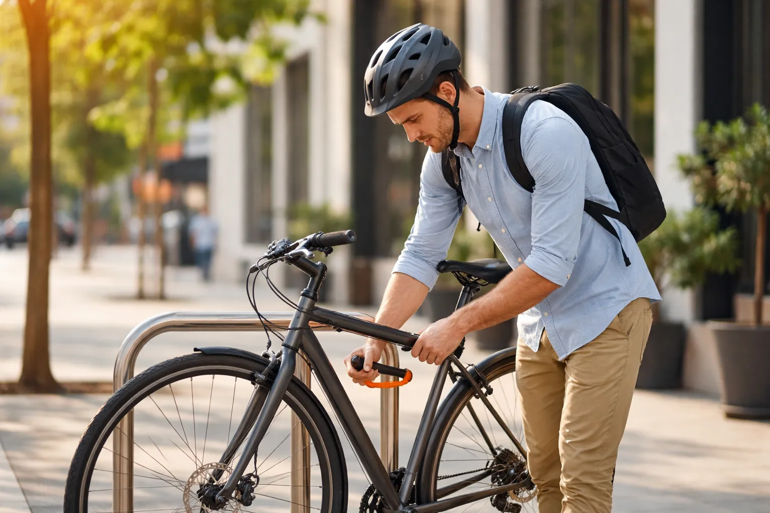Cycliste verrouillant son vélo en milieu urbain