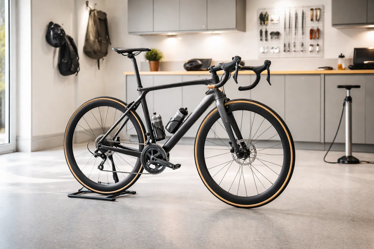 Vélo haut de gamme posé dans un garage propre, bien éclairé