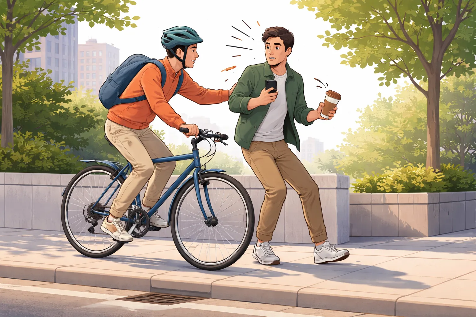 Illustration neutre montrant un léger accrochage entre un cycliste et un piéton sur un trottoir urbain