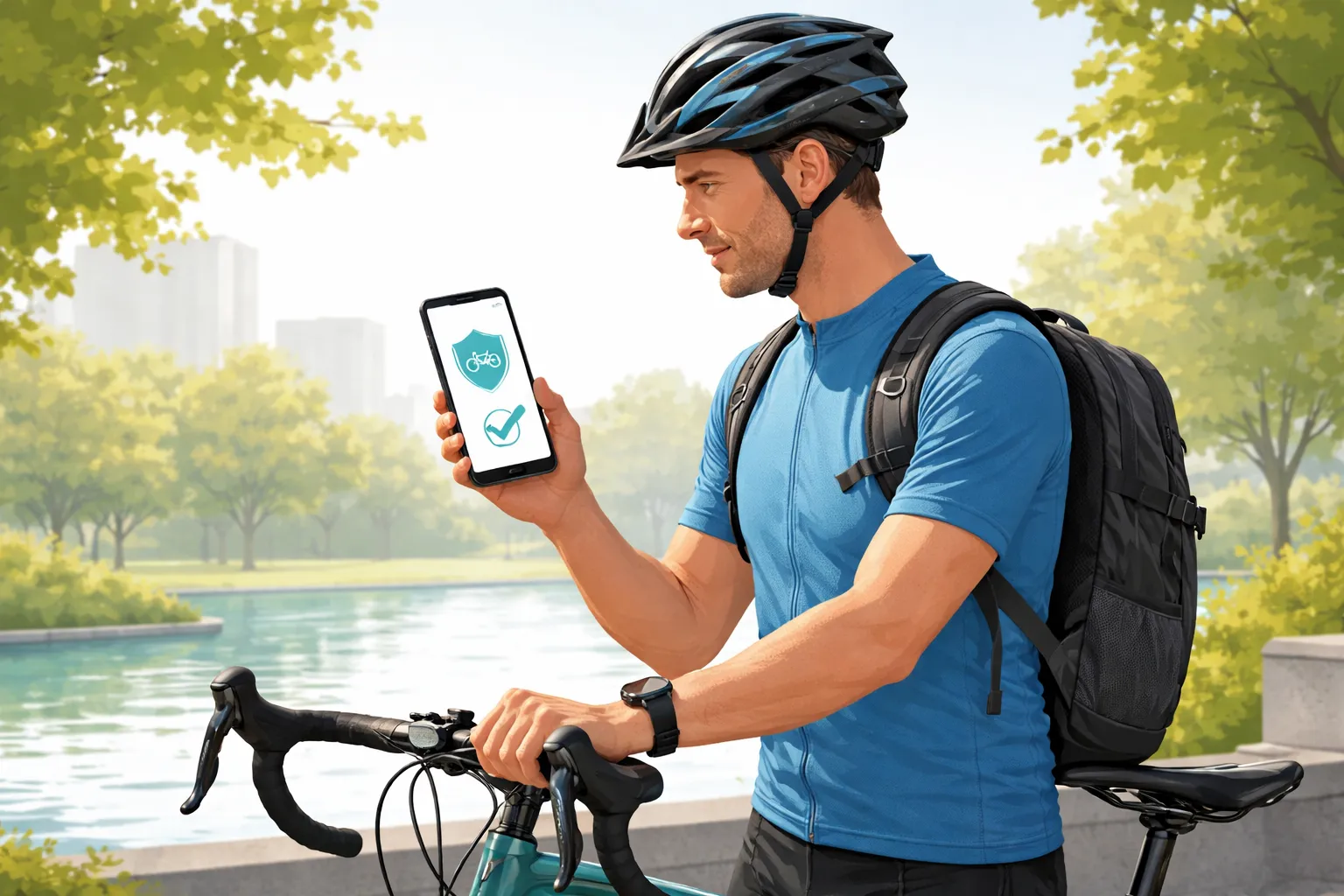 Cycliste tenant un smartphone et activant une assurance vélo via une application mobile