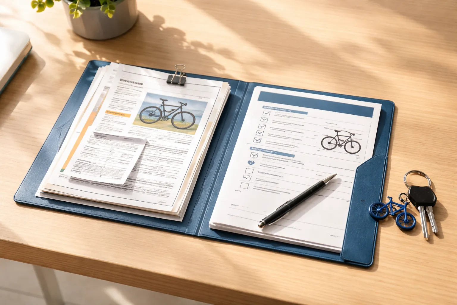 Dossier d'assurance ouvert posé sur une table, à côté des clefs d'un vélo avec un petit porte‑clé, symbolisant la protection du deux‑roues : contrats, preuves d'achat et inventaire rassemblés pour faciliter les démarches en cas de vol ou de casse.
