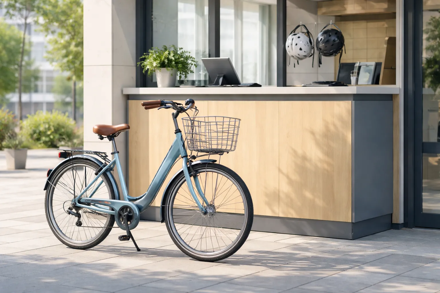 Vélo de location appuyé devant un comptoir de location urbain