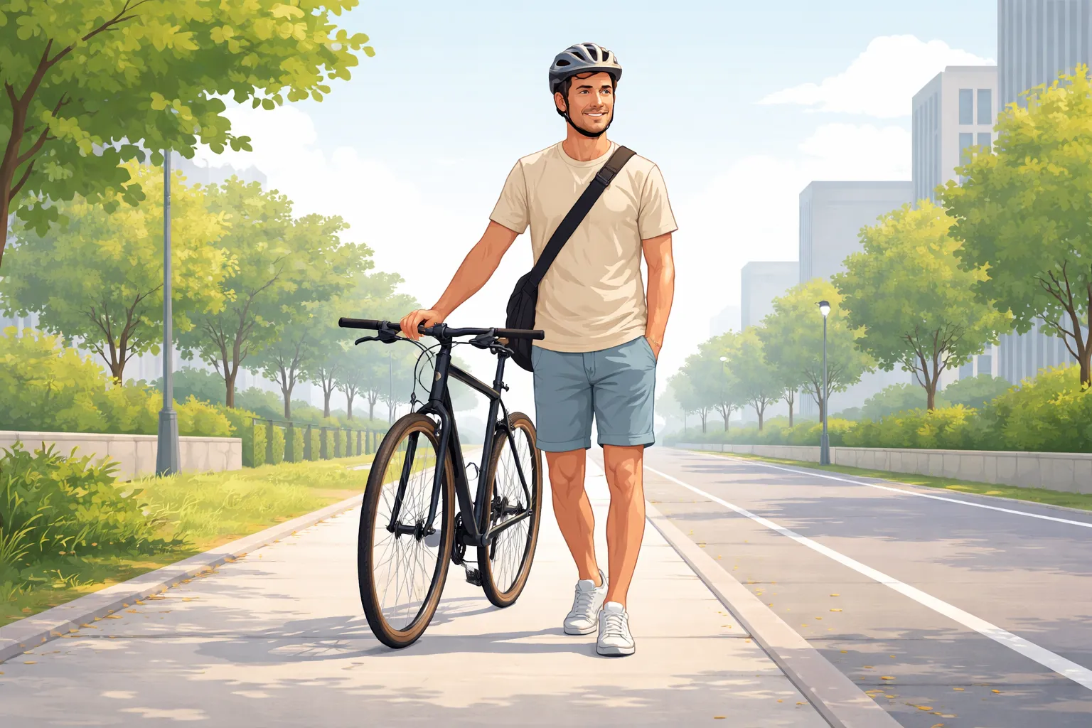Cycliste occasionnel en tenue décontractée tenant son vélo sur un chemin urbain